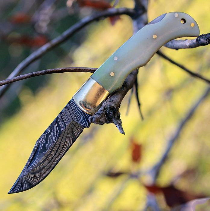 Damascus Folding Knife | Buffalo Bone Handle | Optional Engraving | NRW8 - North Rustic