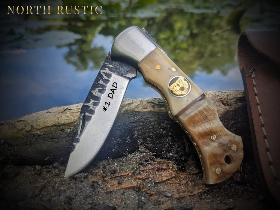 Personalized Folding Knife | Ram Horn Buffalo Bone Handle | NR15-2 - North Rustic