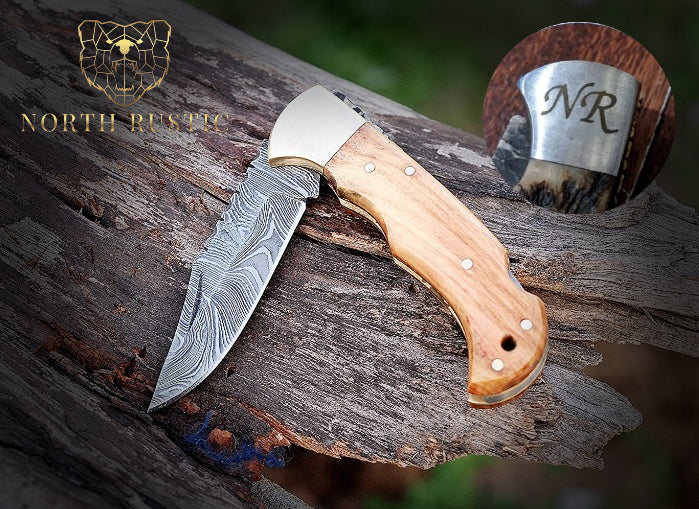 Damascus Folding Knife | Olive Wood Handle | Optional Engraving | NRW9 - North Rustic