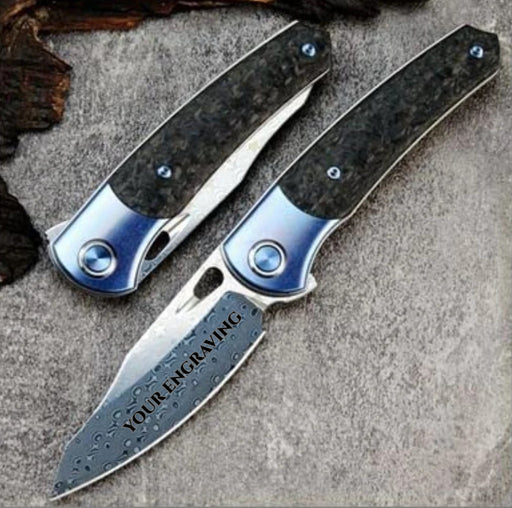 Damascus Pocket Knife Blue Titanium Carbon Fiber Handle VP70 - North Rustic
