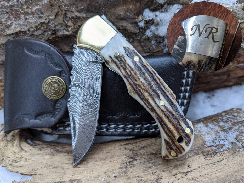 Damascus Folding Knife | Deer Antler Stag Horn Handle | Optional Engraving | NRW3 - North Rustic