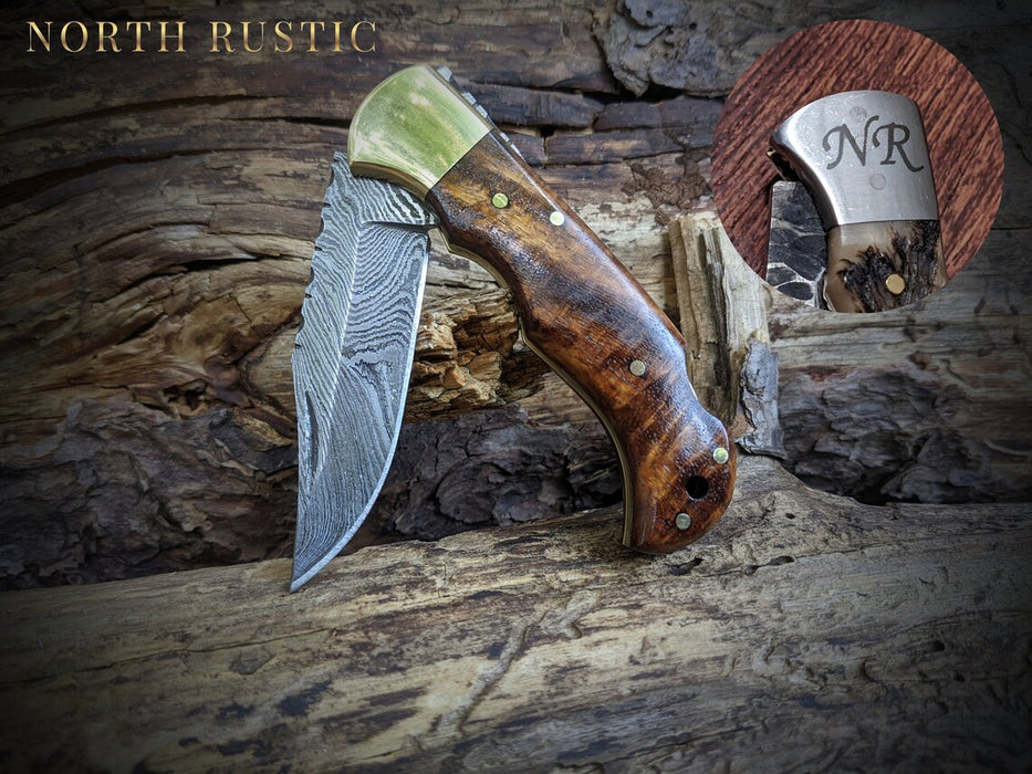 Damascus Folding Knife | Rose Wood Handle | Optional Engraving | NRW4 - North Rustic