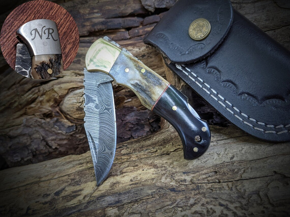 Damascus Folding Knife  Deer Antler Buffalo Horn Handle