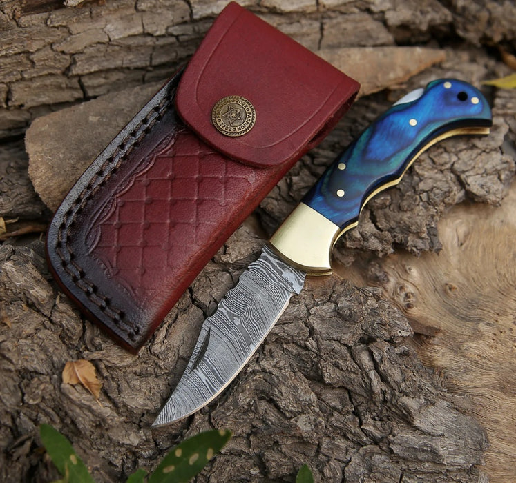 Damascus Folding Knife | Blue Wood Handle | Optional Engraving | NRW7 - North Rustic