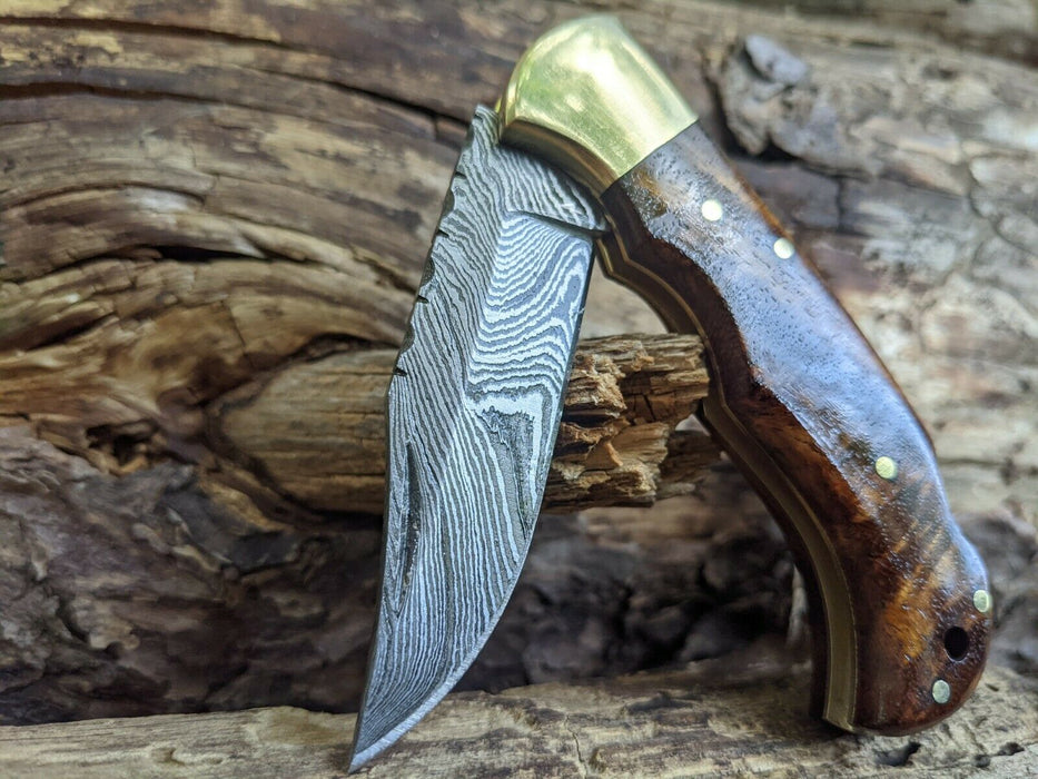 Damascus Folding Knife | Rose Wood Handle | Optional Engraving | NRW4 - North Rustic